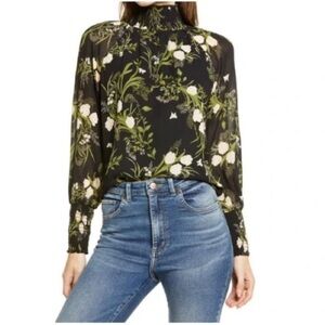 Reformation Black and Green Floral Long Sleeve Blouse, size M.